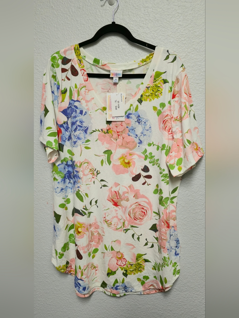 LuLaRoe Cream Floral V-Neck Top with Pink & Blue Blooms